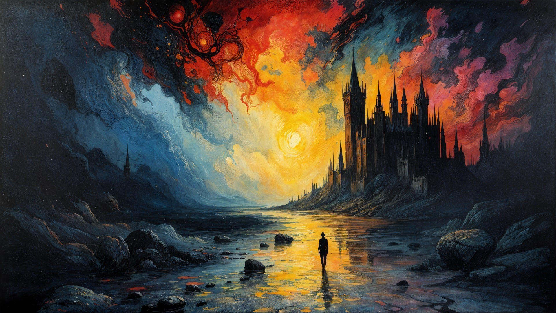 Lone Figure by Reflective River Under Dramatic Sky