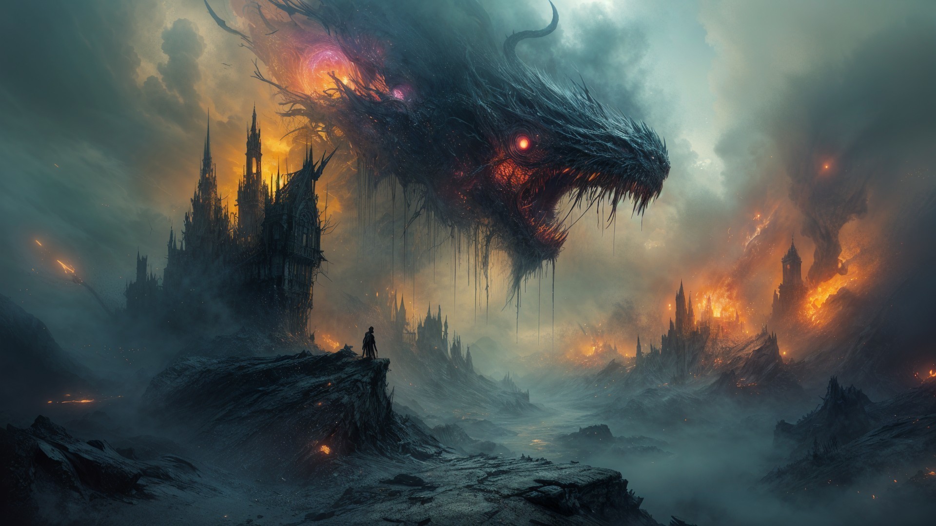 Colossal Dragon Overlooks Desolate Kingdom Landscape