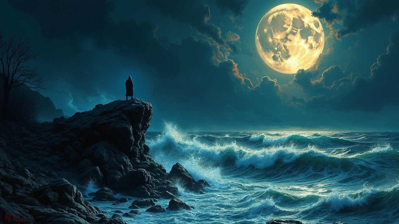 Silhouetted Figure on Rugged Cliff Under Full Moon
