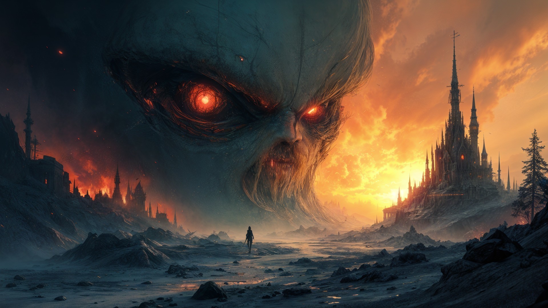 Surreal Landscape with Ominous Face and Castle Spire