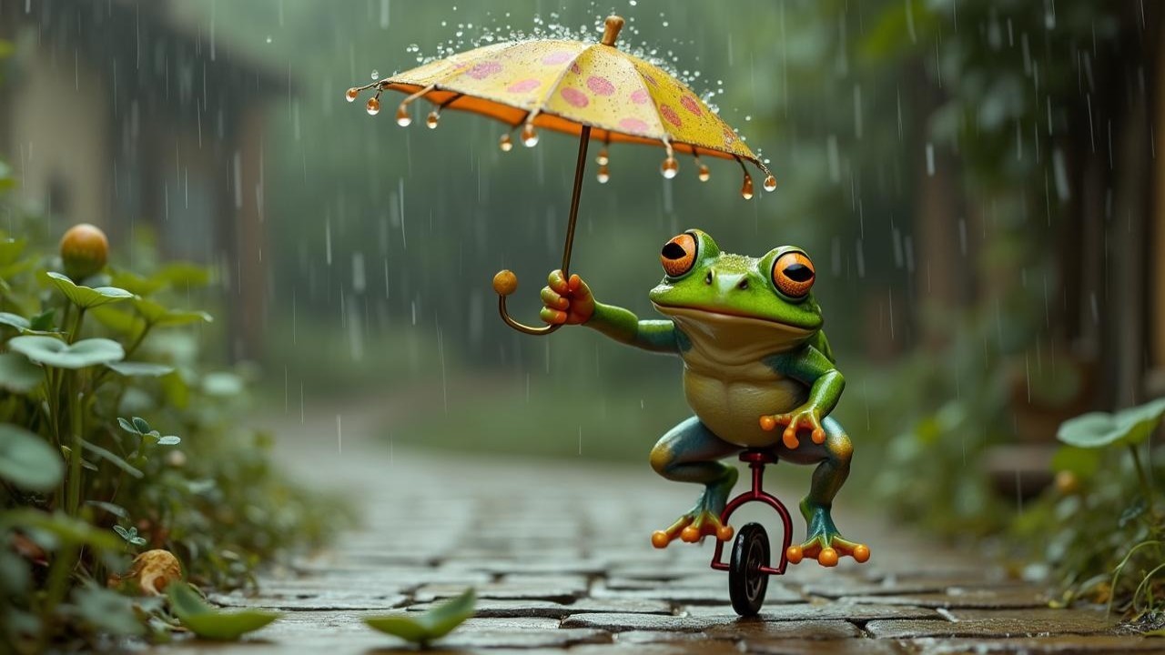 Whimsical Frog on Unicycle with Colorful Umbrella