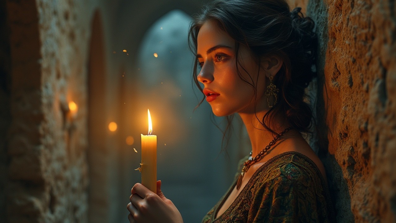 Young woman with candle in dimly lit corridor