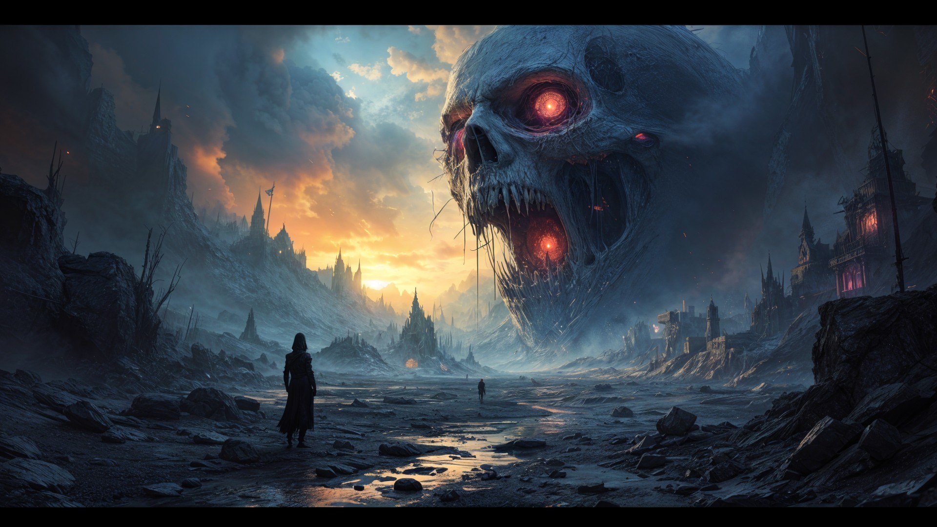 Colossal Skeletal Face in Desolate Landscape