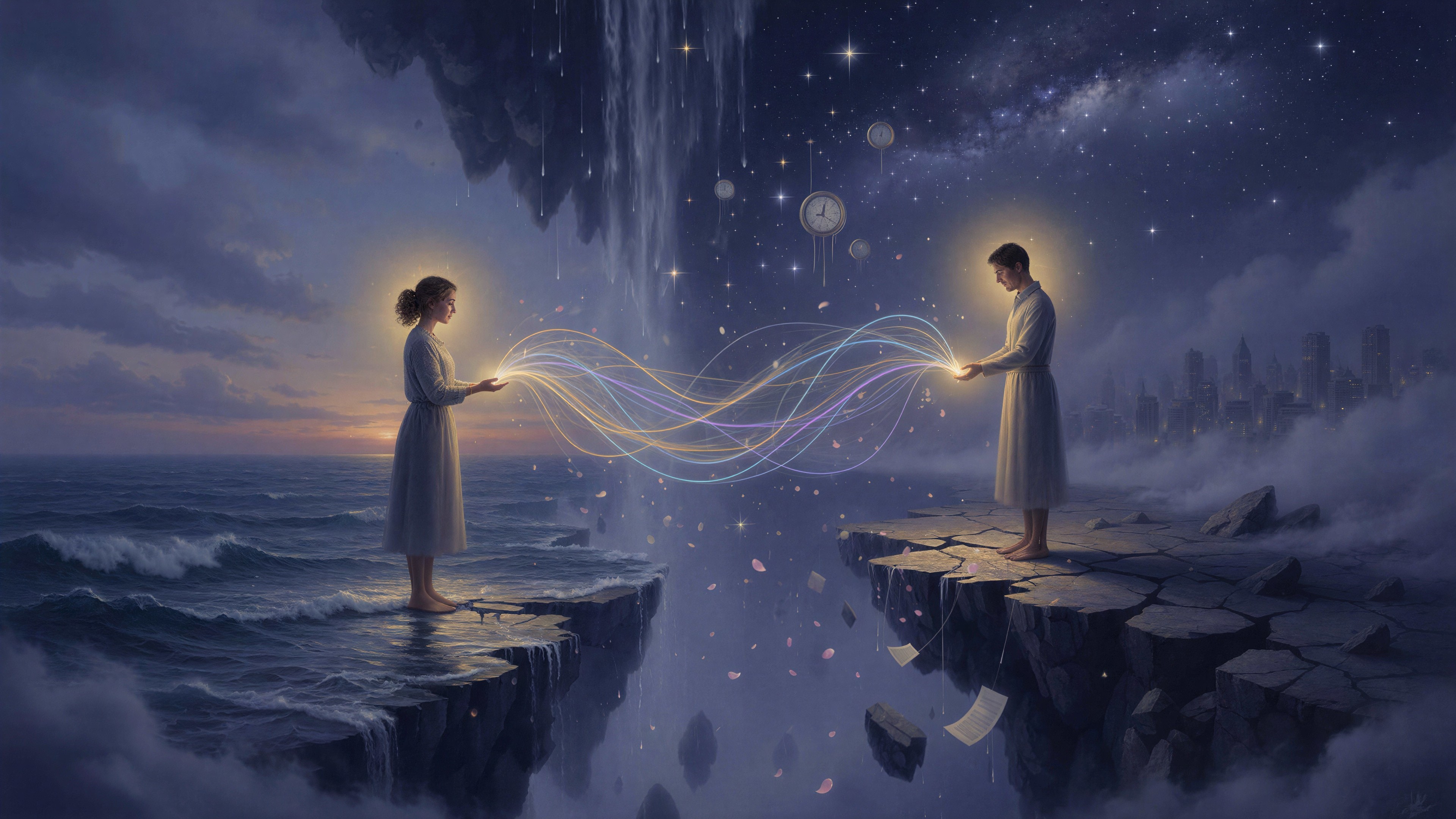 Surreal Painting of Two Figures on Floating Rock Islands