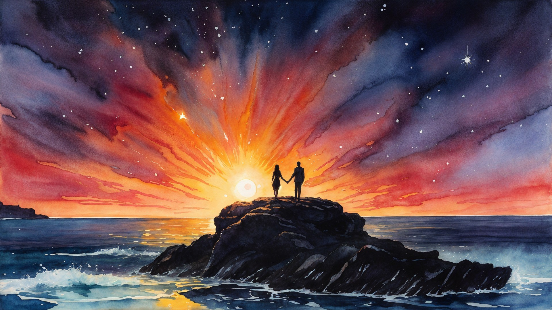 Watercolor Scene of Couple at Sunset on Rocky Outcrop