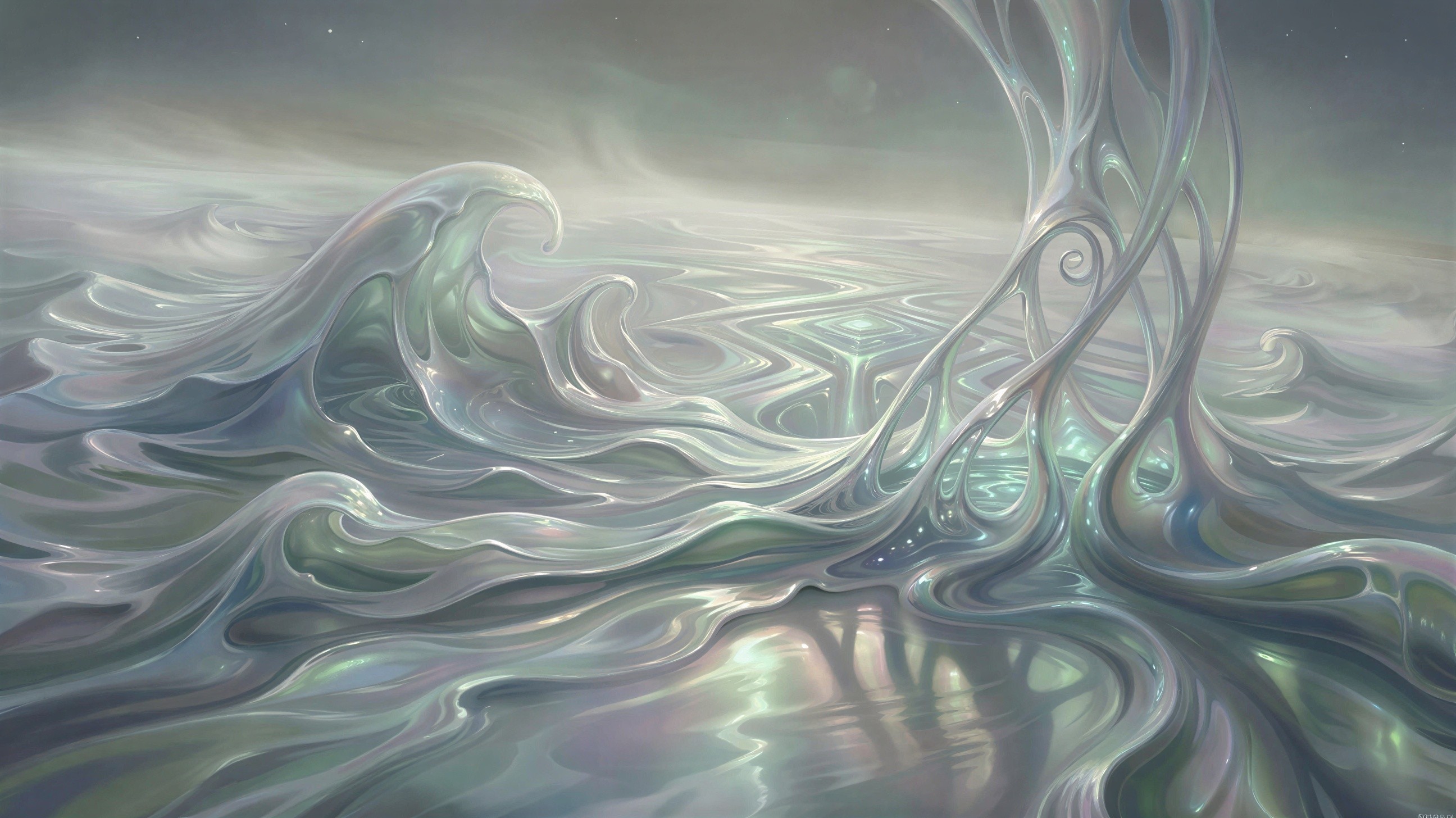 Hyper-realistic alien landscape with iridescent sea