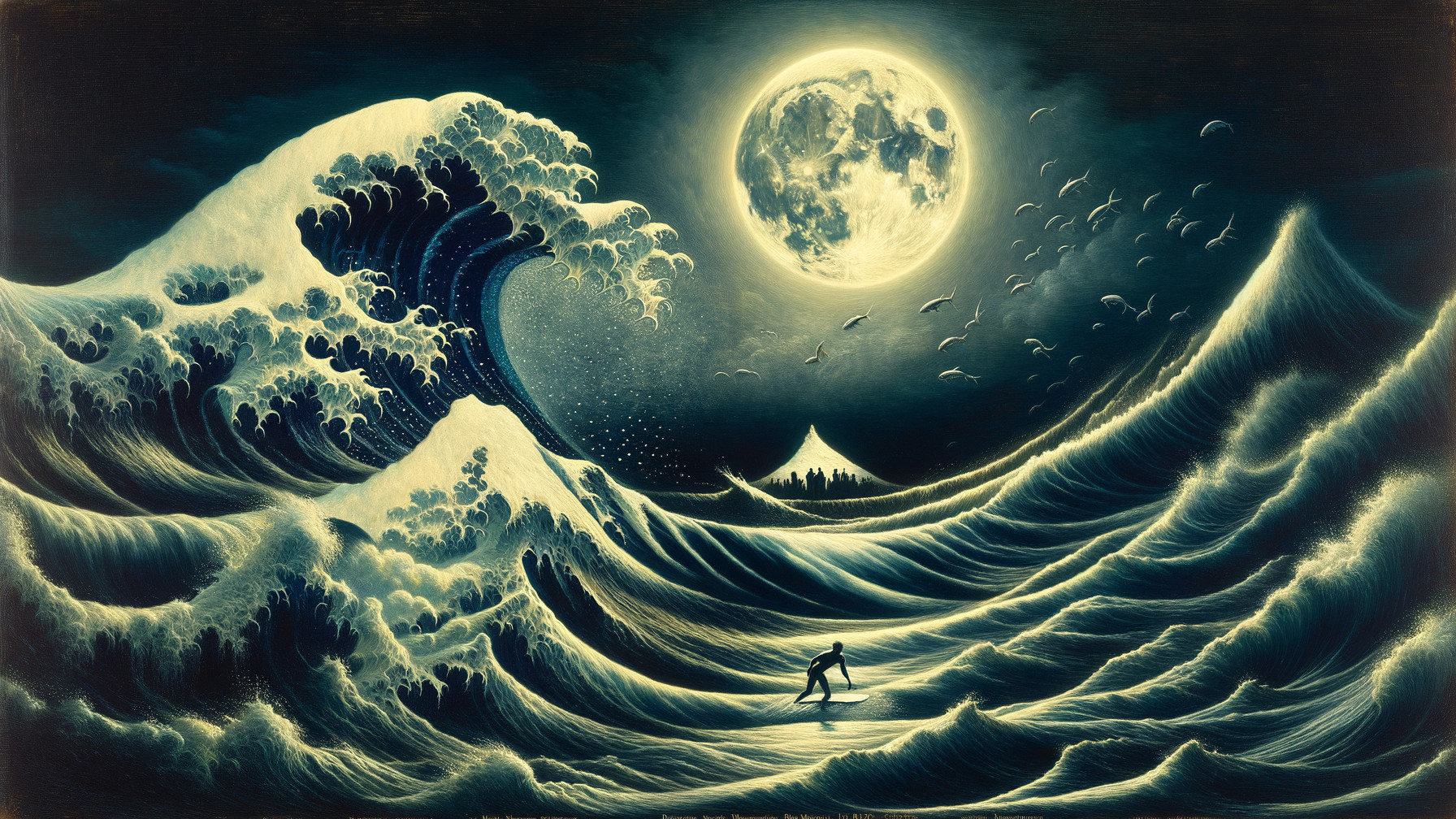 Dramatic Seascape with Surfer and Moonlit Waves