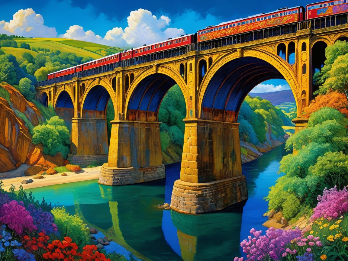 Vibrant Landscape with Yellow Bridge and Red Train
