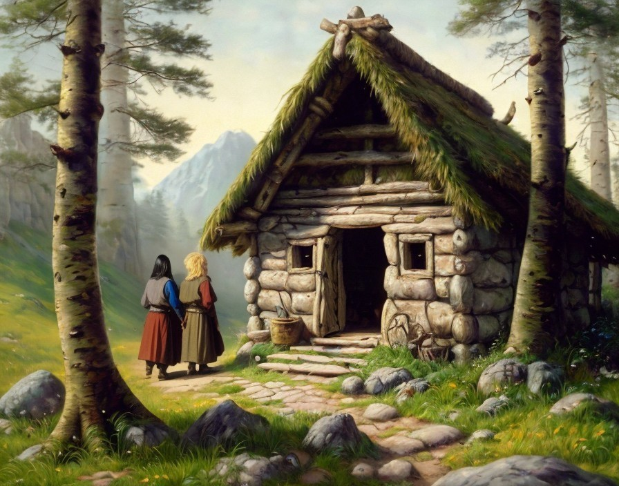 Serene Landscape with Cabin and Women in Nature