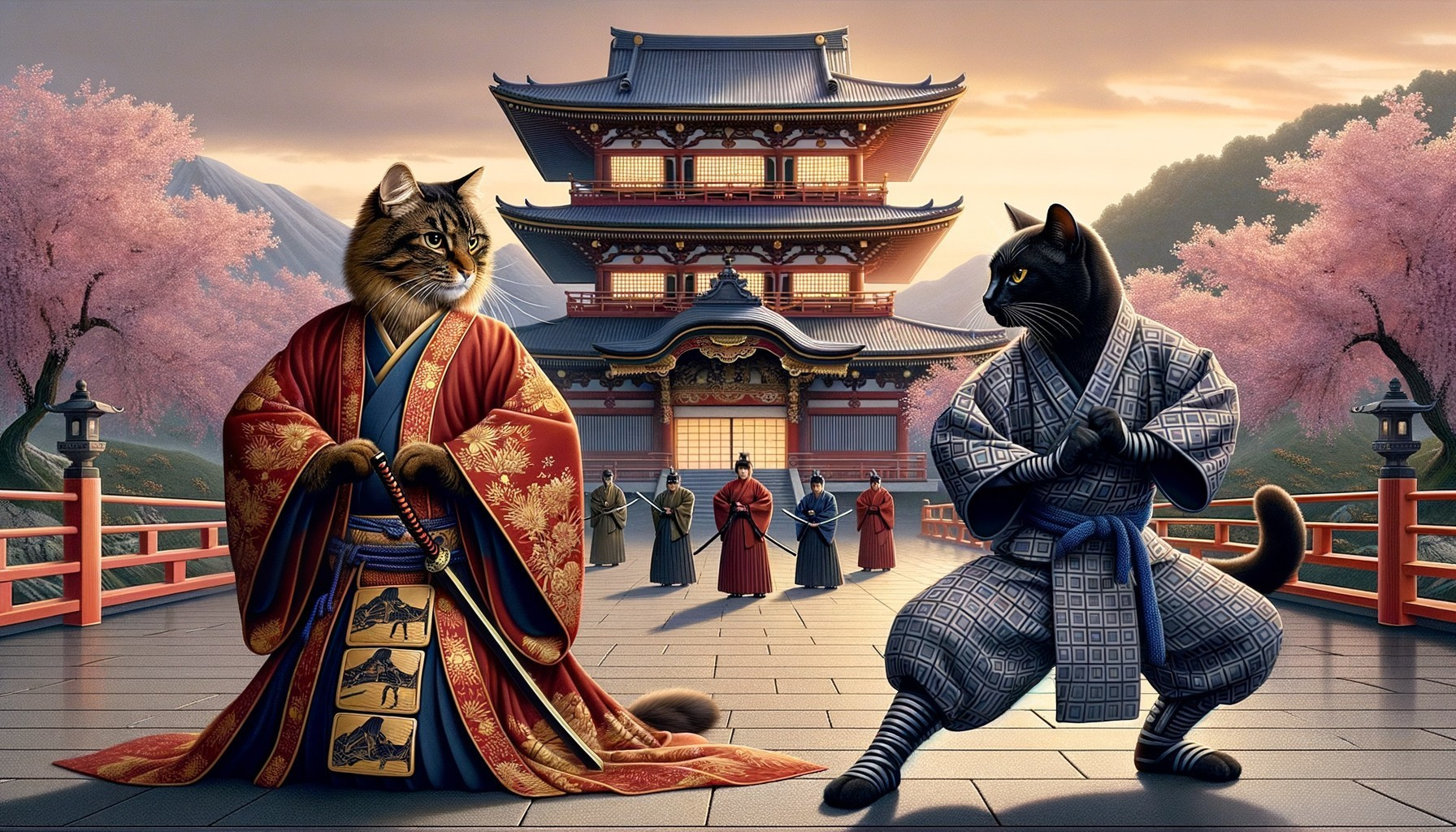 Anthropomorphic cats in Japanese attire on temple veranda with cherry blossoms.