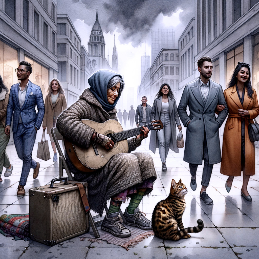 Elderly Woman Playing Guitar with Cat on Urban Street