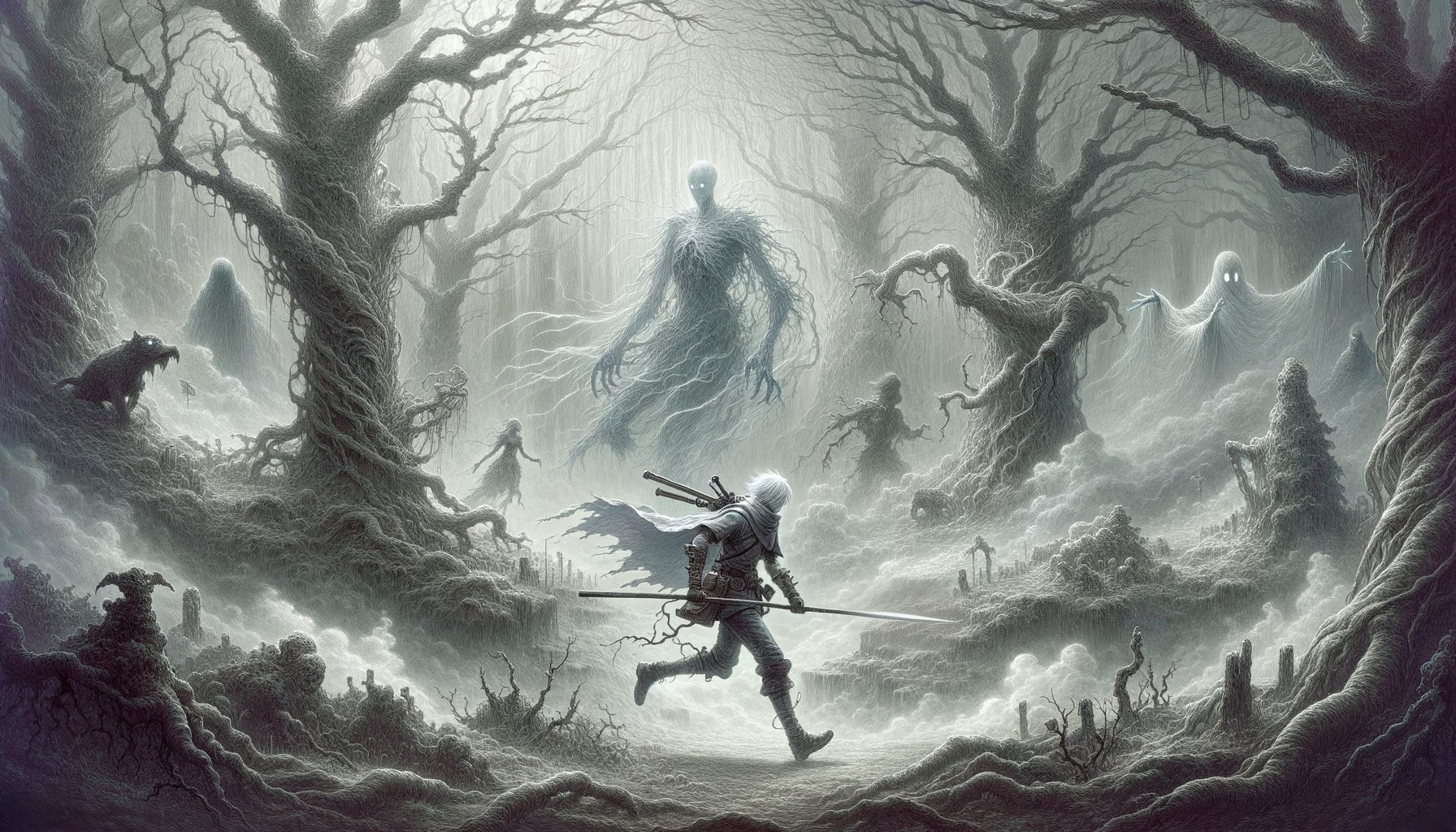 Knight with Spear in Misty Haunted Forest