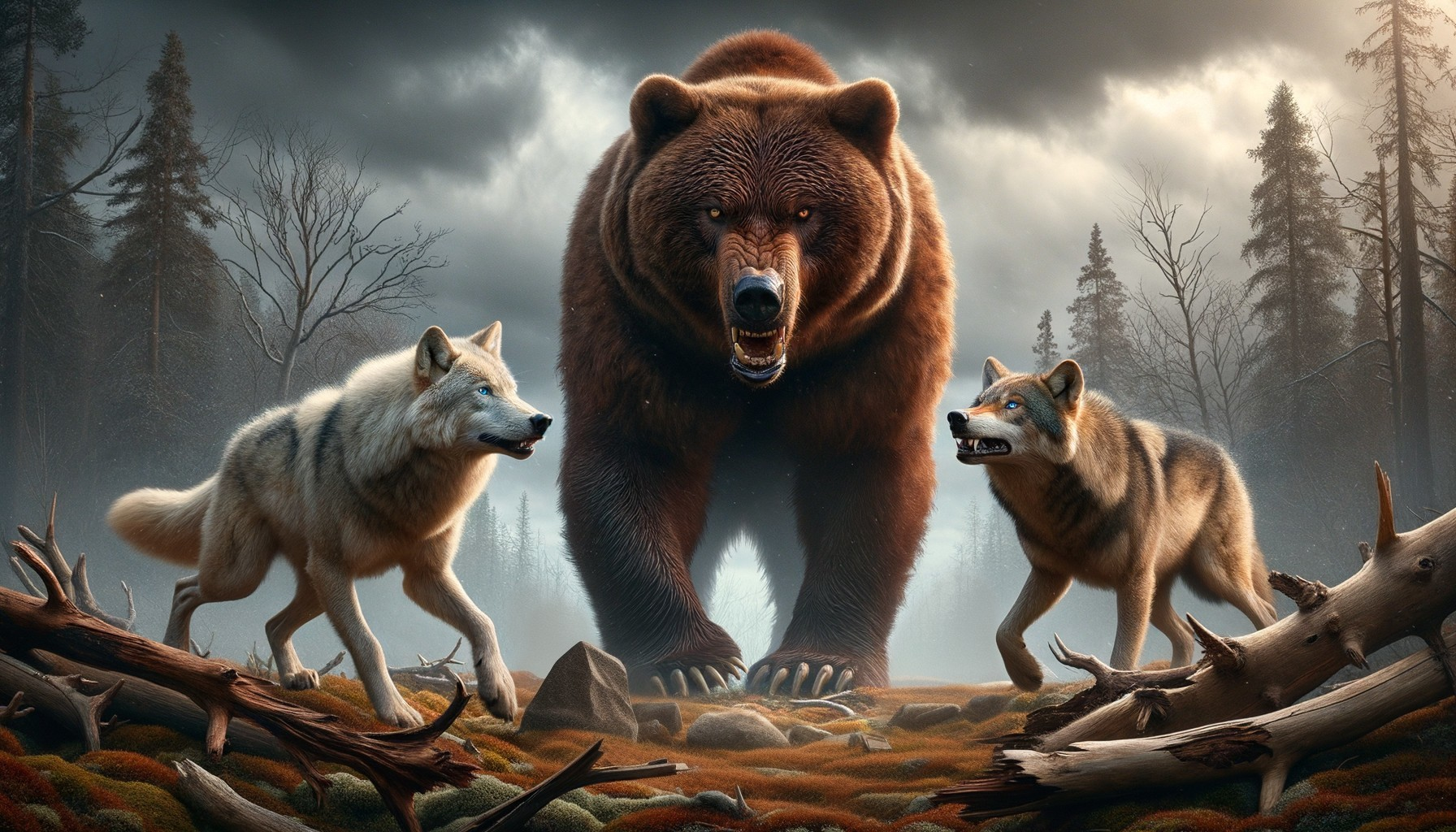 Bear and Wolves in a Misty Forest Scene