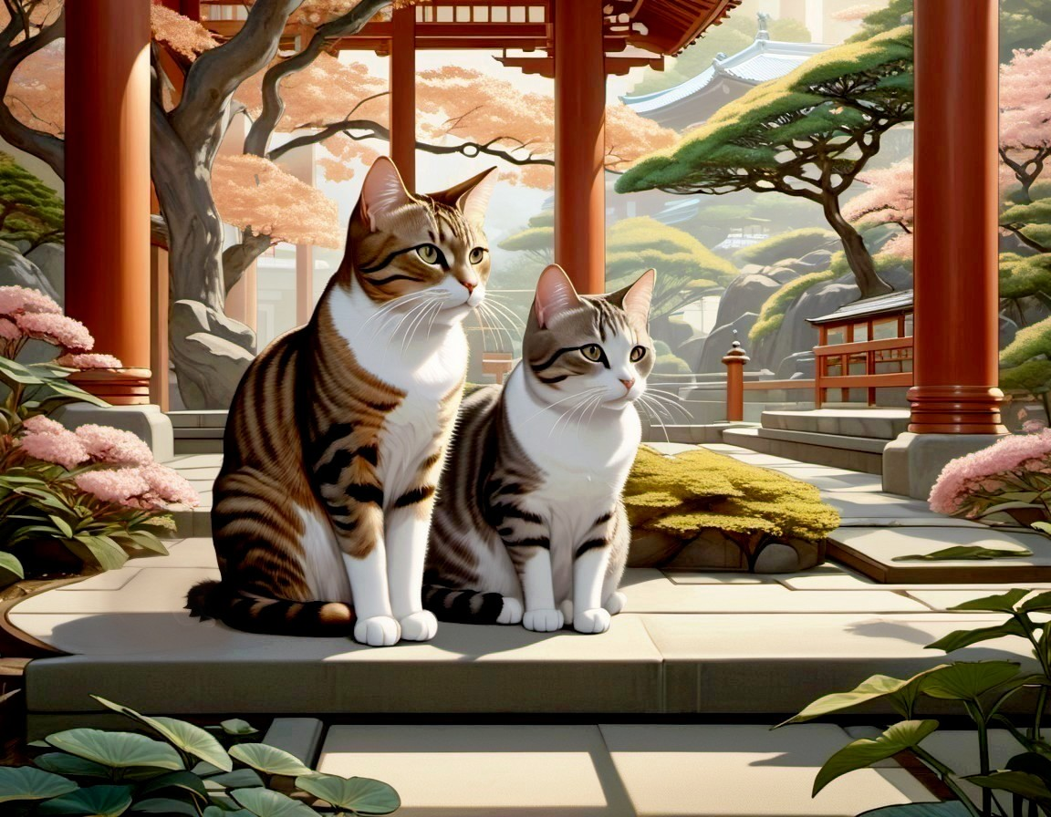 Cats Under Traditional Japanese Gate with Cherry Blossoms