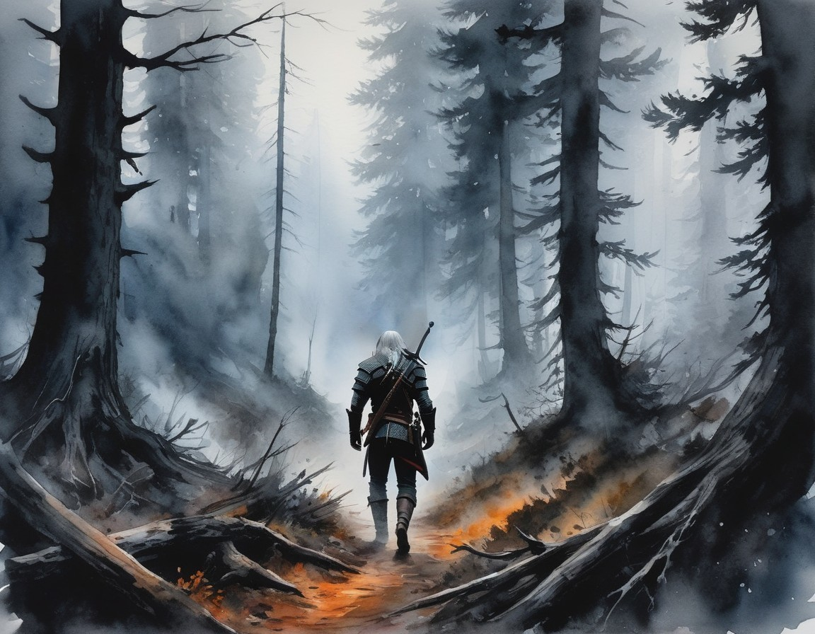 Lone Figure with Sword in Misty Forest Path