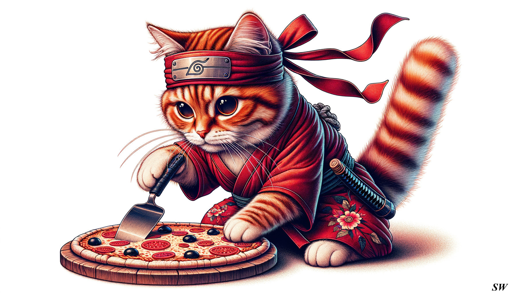Anthropomorphic Orange Cat Ninja Slicing Pizza on Wooden Board