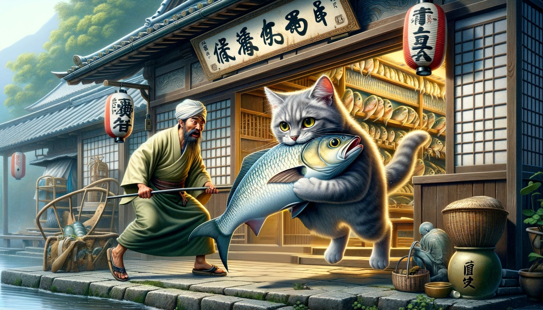 Large cat carries fish in whimsical waterfront shop