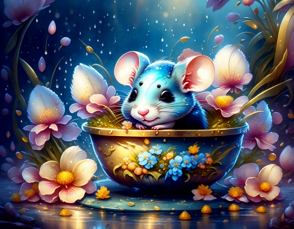 Animated Mouse in a Bowl of Colorful Flowers