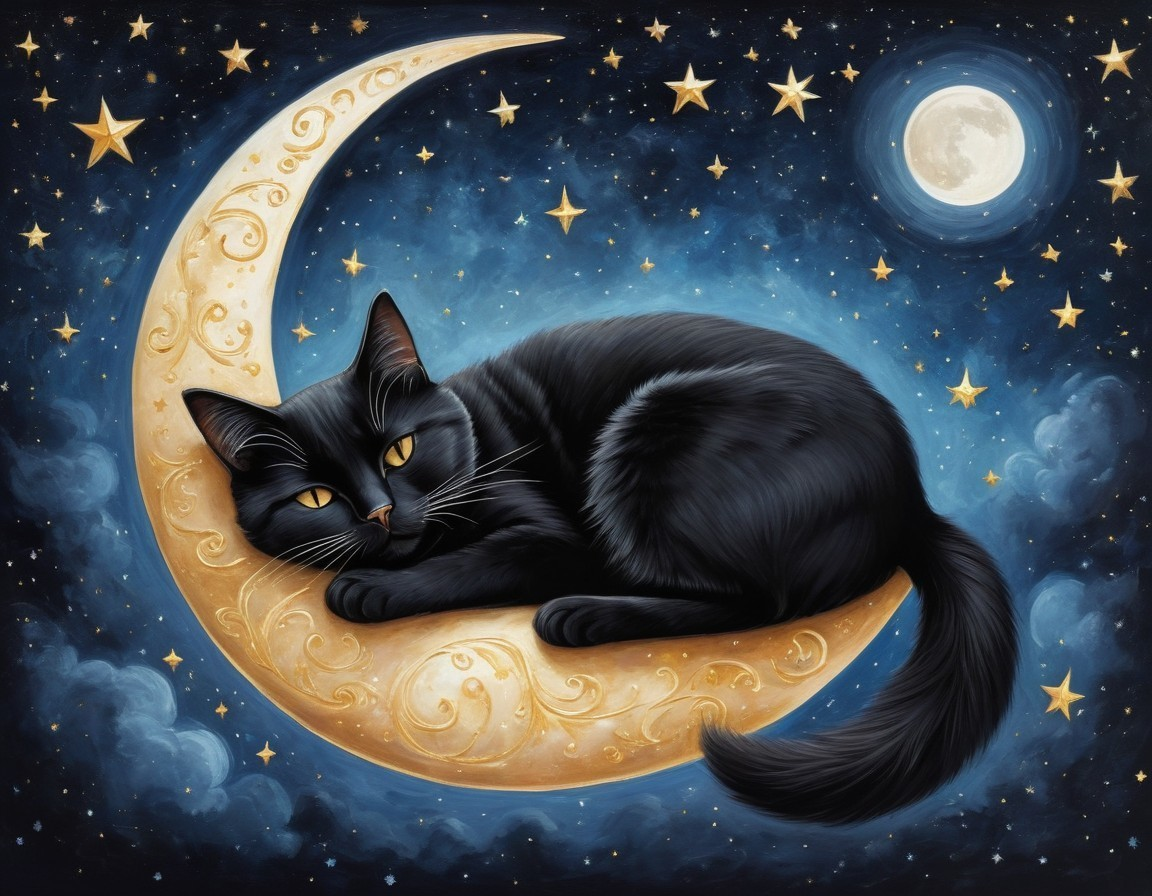 Black Cat on Crescent Moon in Starry Night Sky