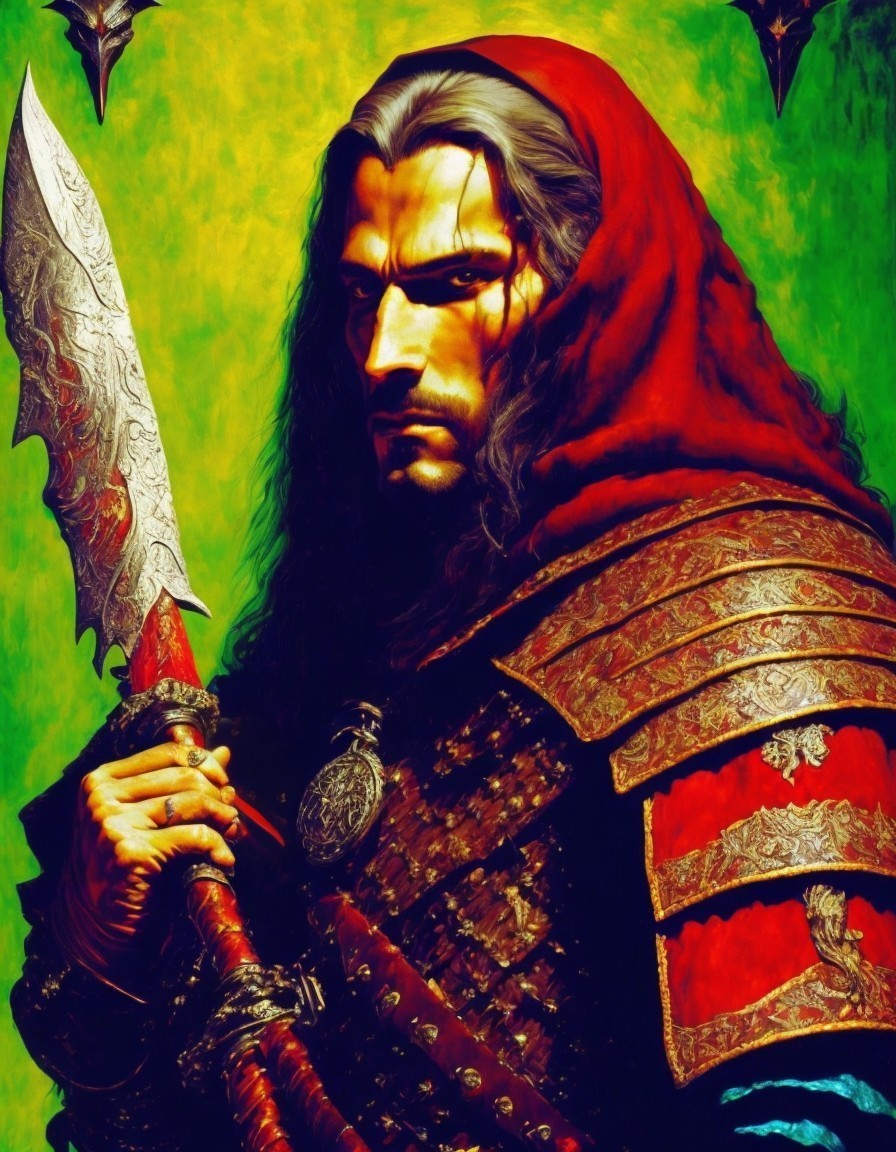 Fierce Warrior with Ornate Weapon and Bold Armor