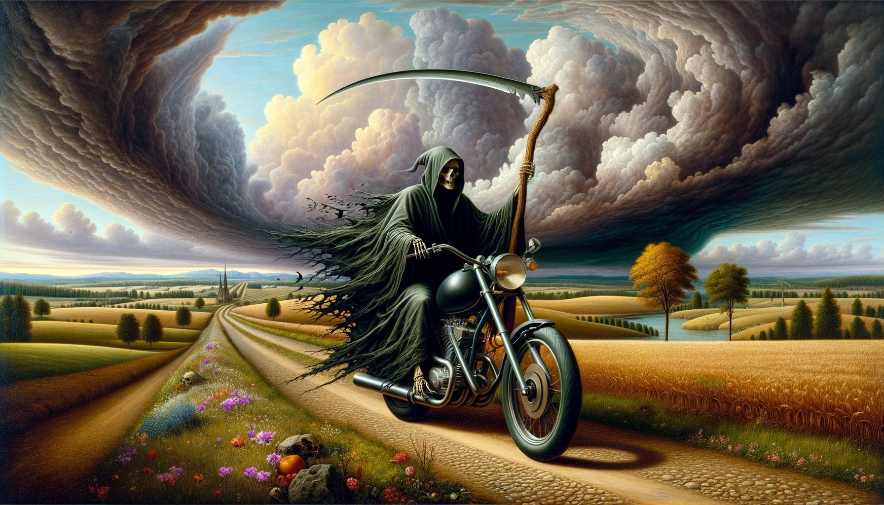 Surrealist Painting of Grim Reaper on Motorcycle
