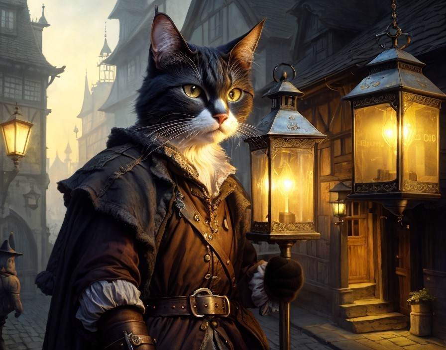 Majestic Cat in Cloak on Cobblestone Street Scene