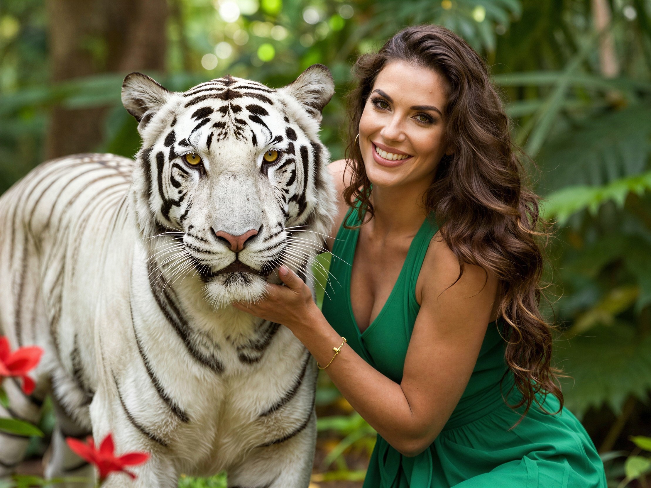 Woman with Brown Hair and White Tiger in Nature