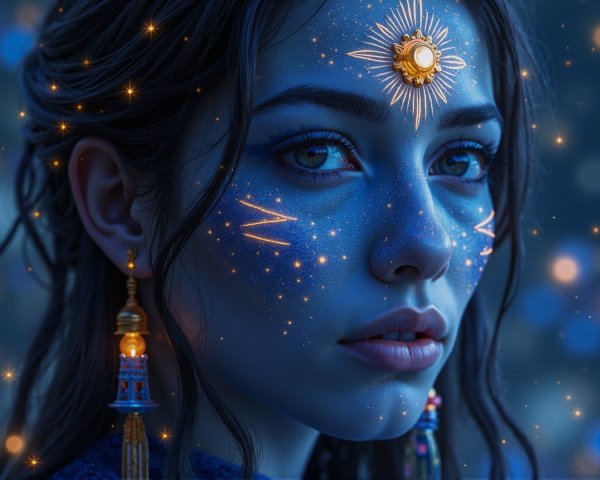 Young Woman with Starry Night Face Paint and Earrings