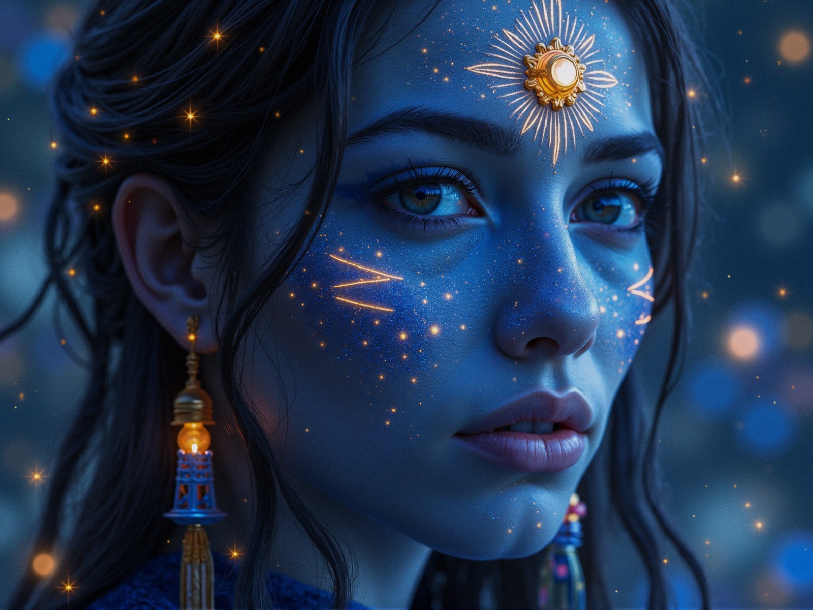 Young Woman with Starry Night Face Paint and Earrings