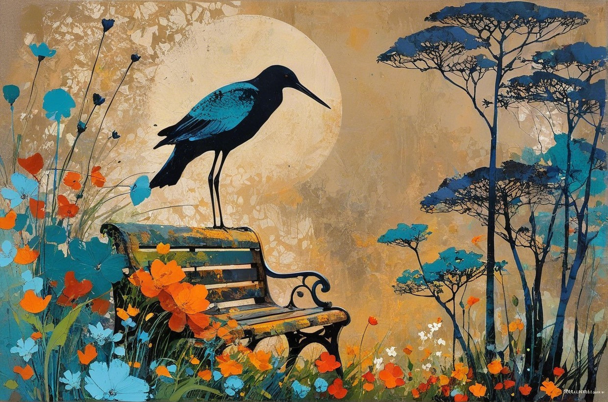 Black Bird on Vintage Bench Surrounded by Flowers