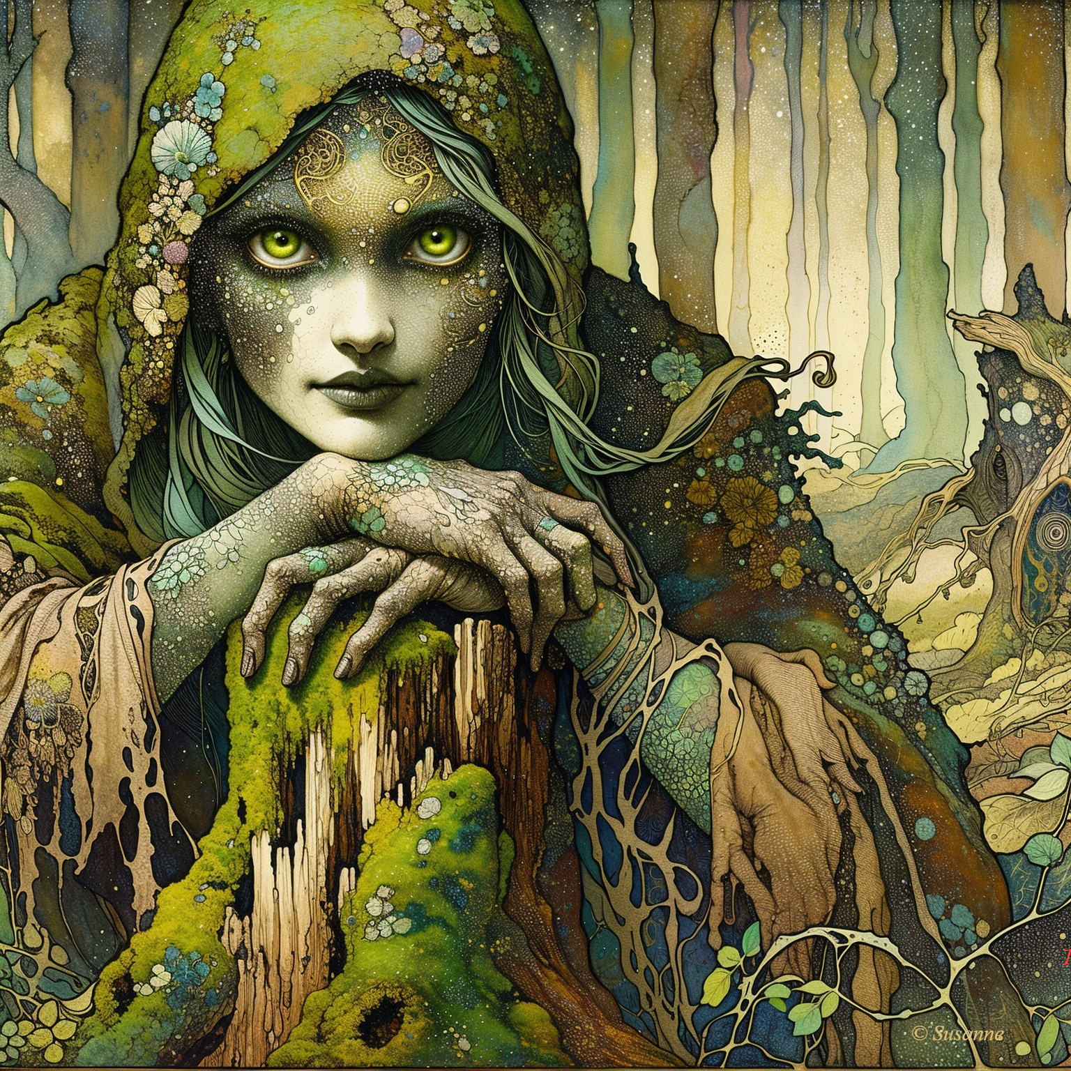 Mystical Figure on Moss-Covered Stump in Dreamlike Landscape