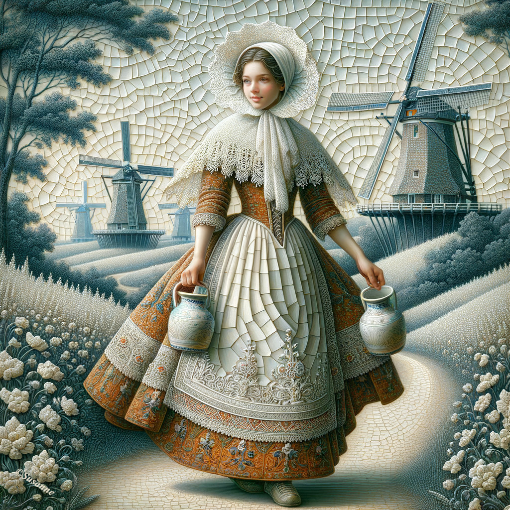 Young Woman in Traditional Dutch Attire with Water Jugs