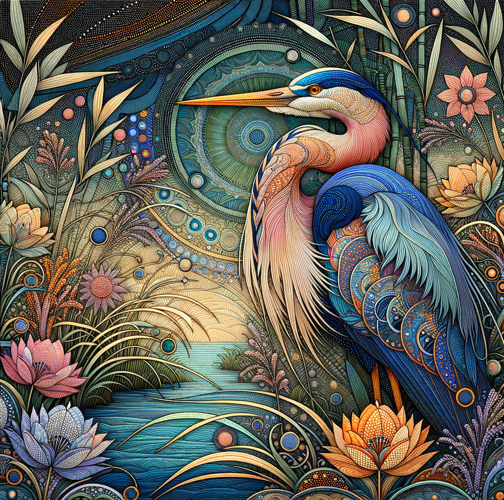Intricate Illustration of Heron and Vibrant Flora