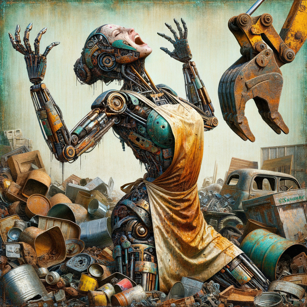 Robotic Figure in Cloth Posing in Scrapyard Setting