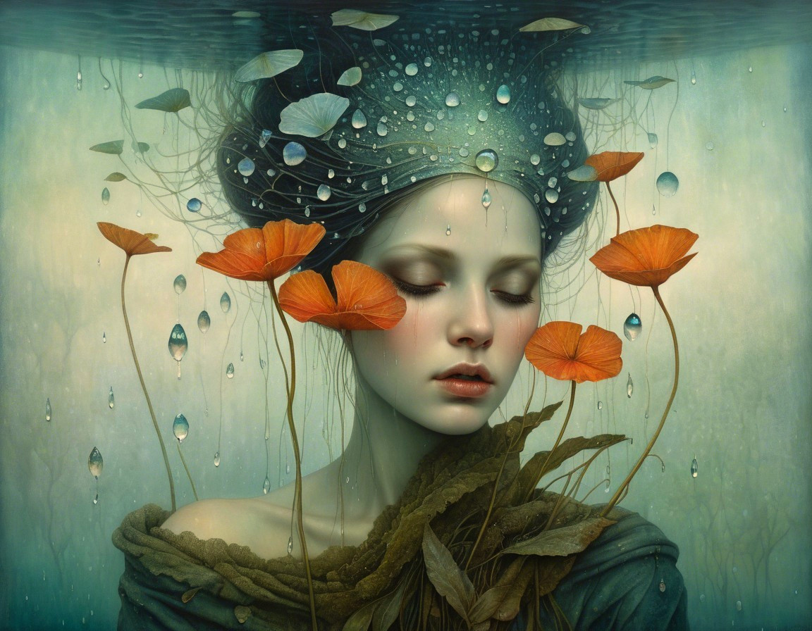 Ethereal Woman Submerged in Water with Flowers