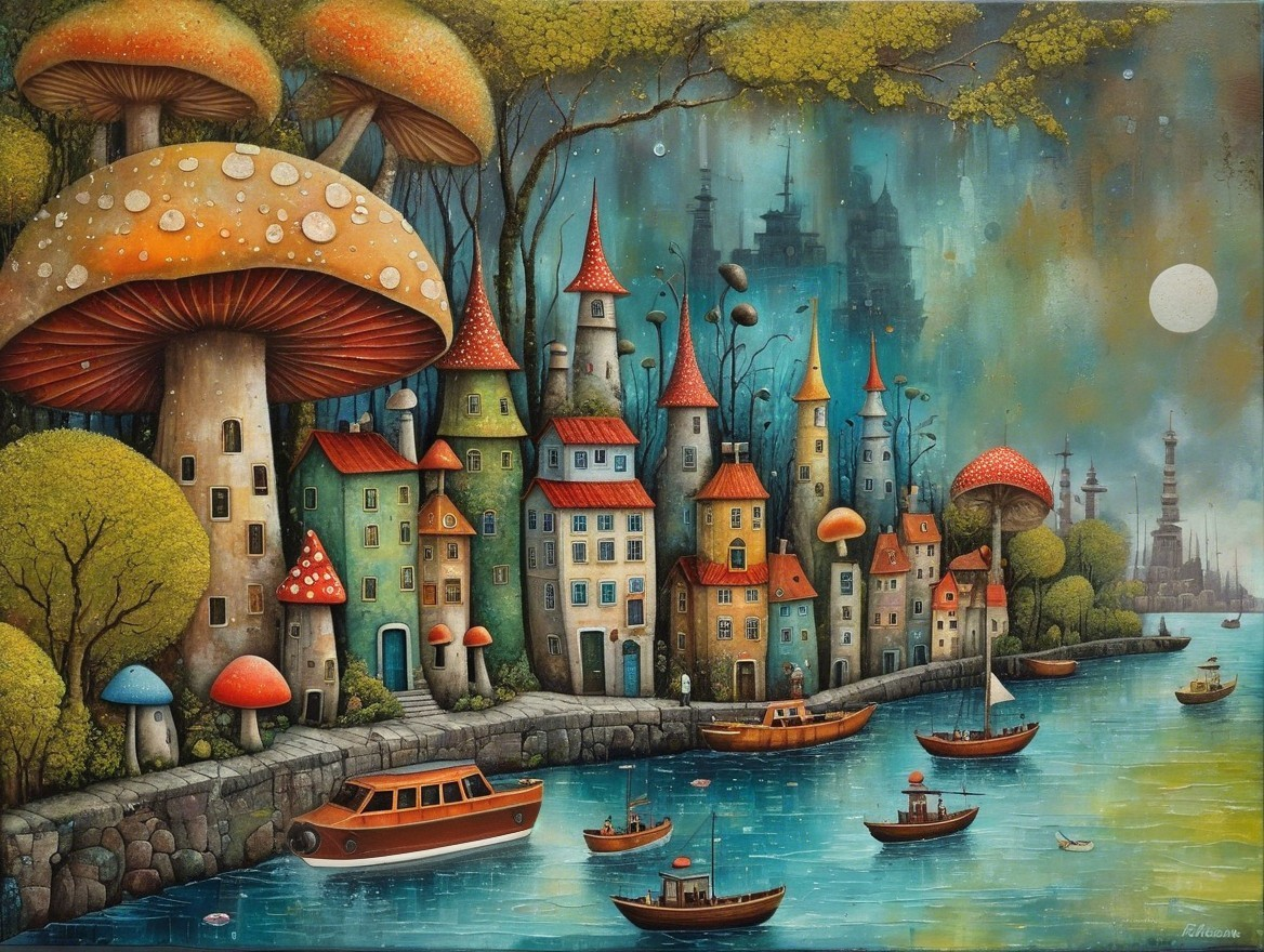Whimsical Landscape with Mushroom Trees and Houses