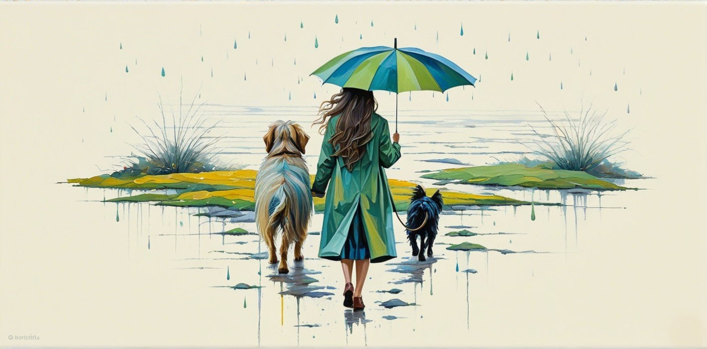 Girl in Green Raincoat Walking with Dogs by Water