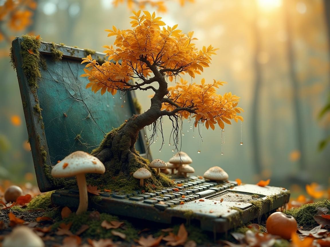 Whimsical Forest Scene with Mossy Laptop and Tree