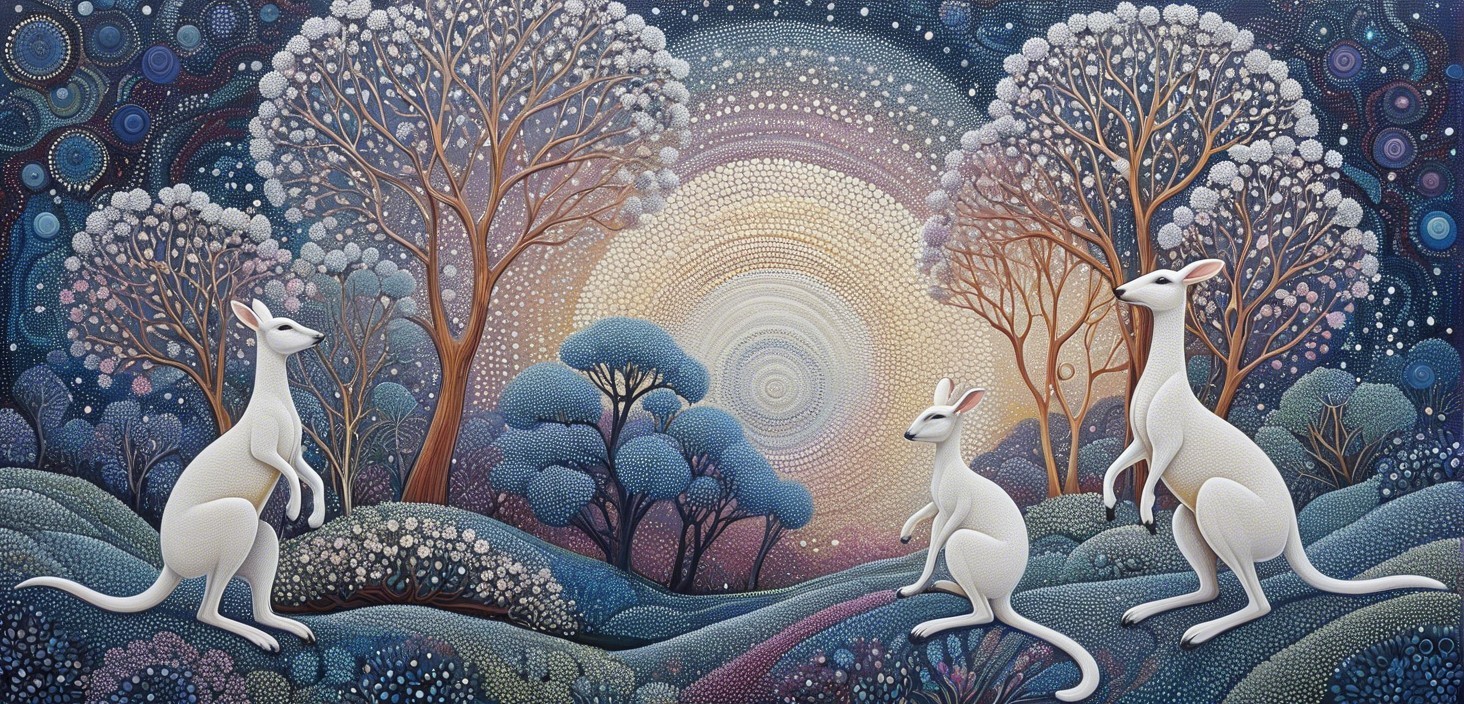 Colorful Kangaroos in a Dreamy Landscape Scene