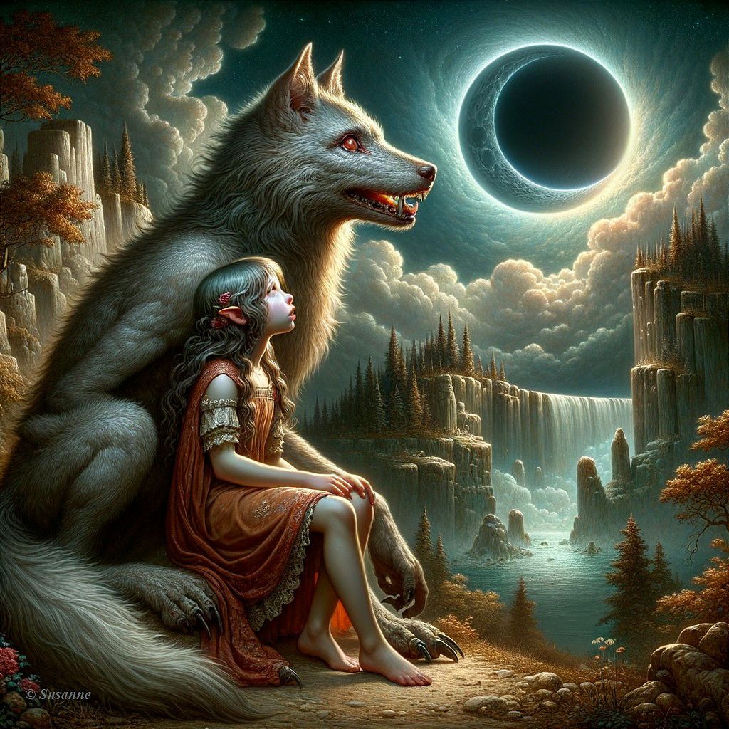 Girl with large wolf in mystical landscape with waterfalls and eclipse