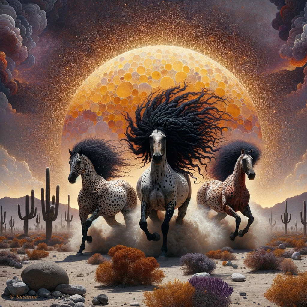 Horses Galloping in Desert Under Vibrant Moonlight