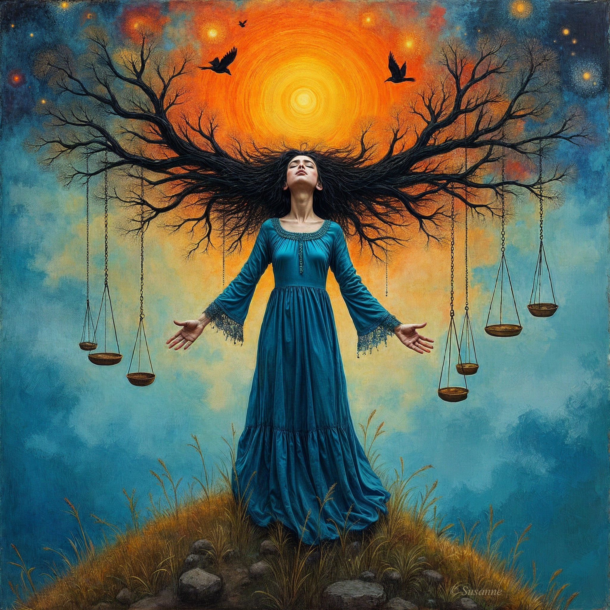 Mystical Figure with Tree Branch Hair on Grassy Hill