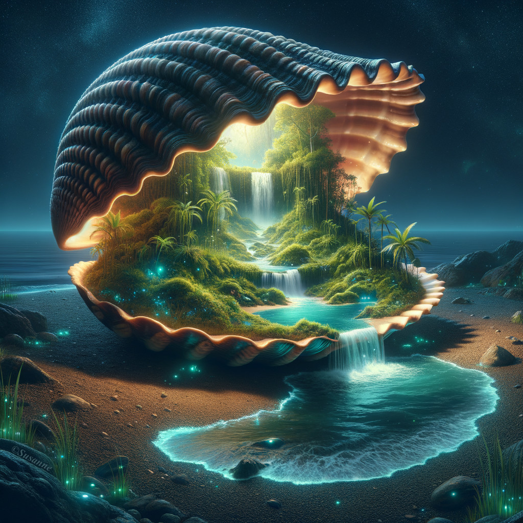 Luminous Seashell with Enchanted Landscape on Beach