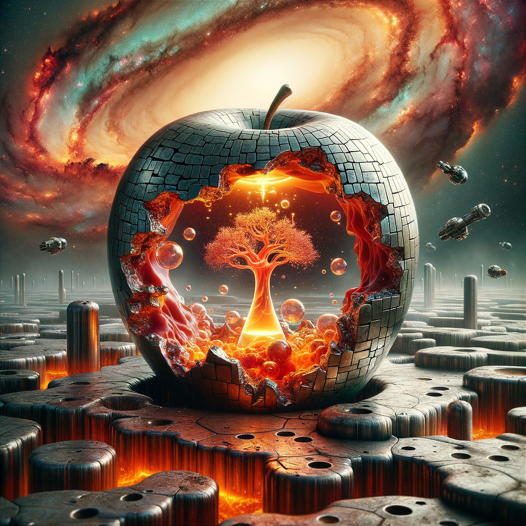 Surreal Cosmic Scene with Giant Cracked Apple