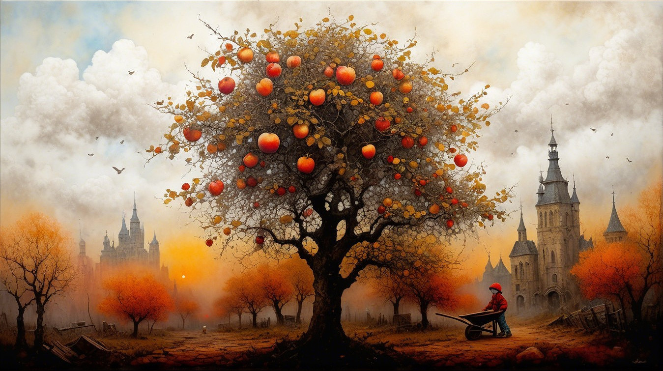 Surreal Landscape with Apple Tree and Medieval Castles