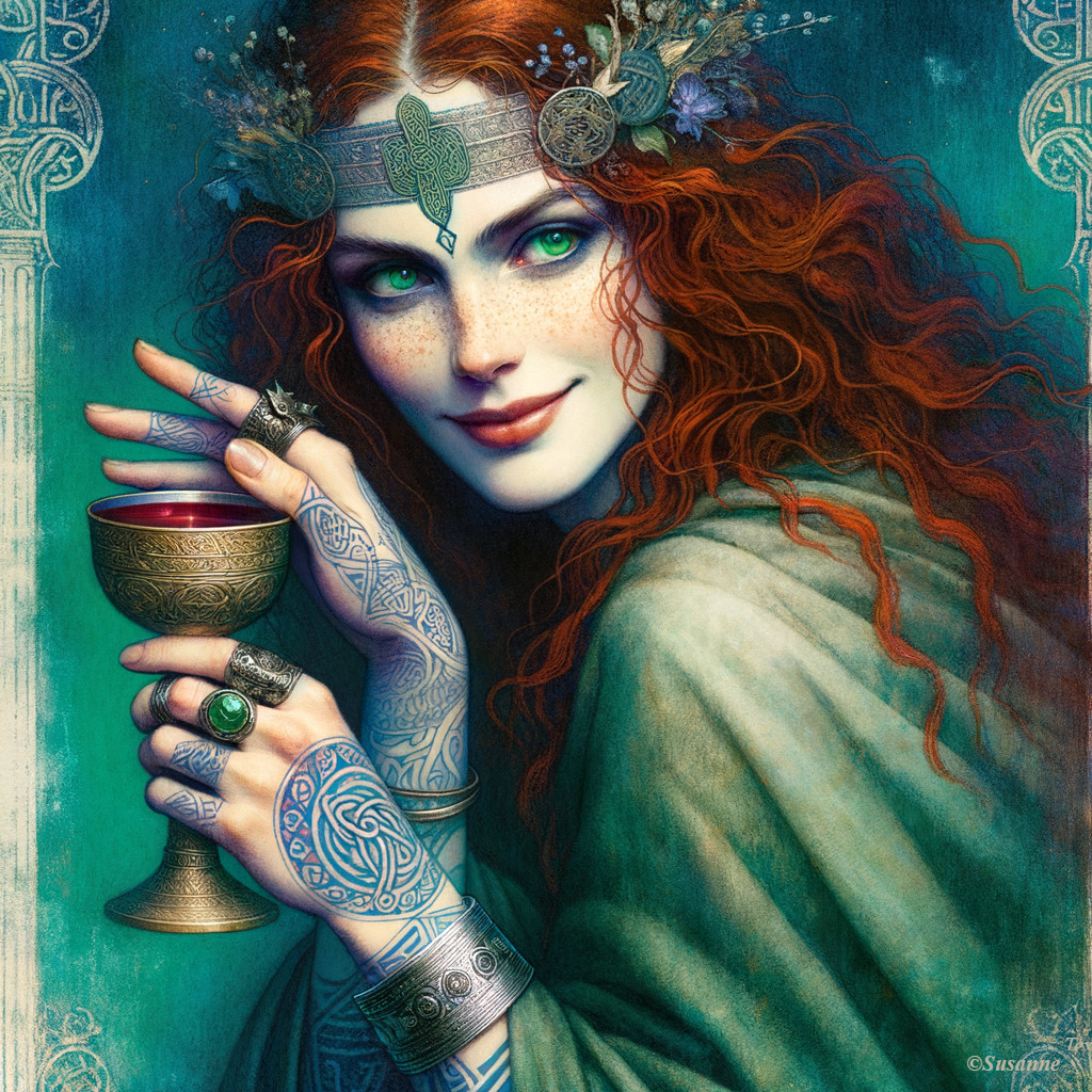 Woman with Red Hair and Floral Accents Holding Chalice