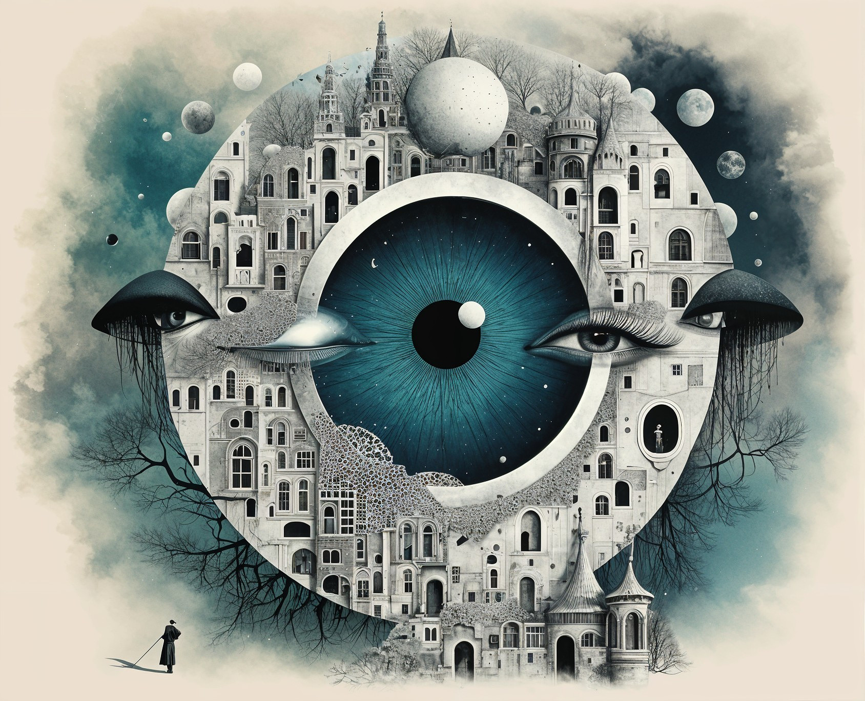 Surreal Scene with Central Eye and Unique Architecture