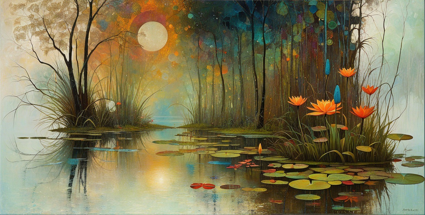 Tranquil Dusk Landscape with Pond and Water Lilies