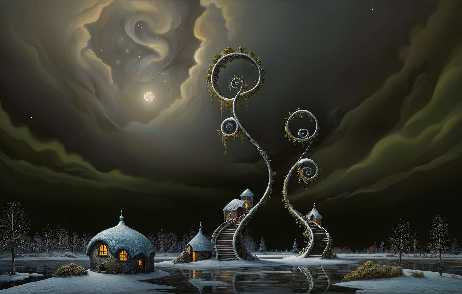 Surreal Winter Landscape with Spiral Trees and Cottages