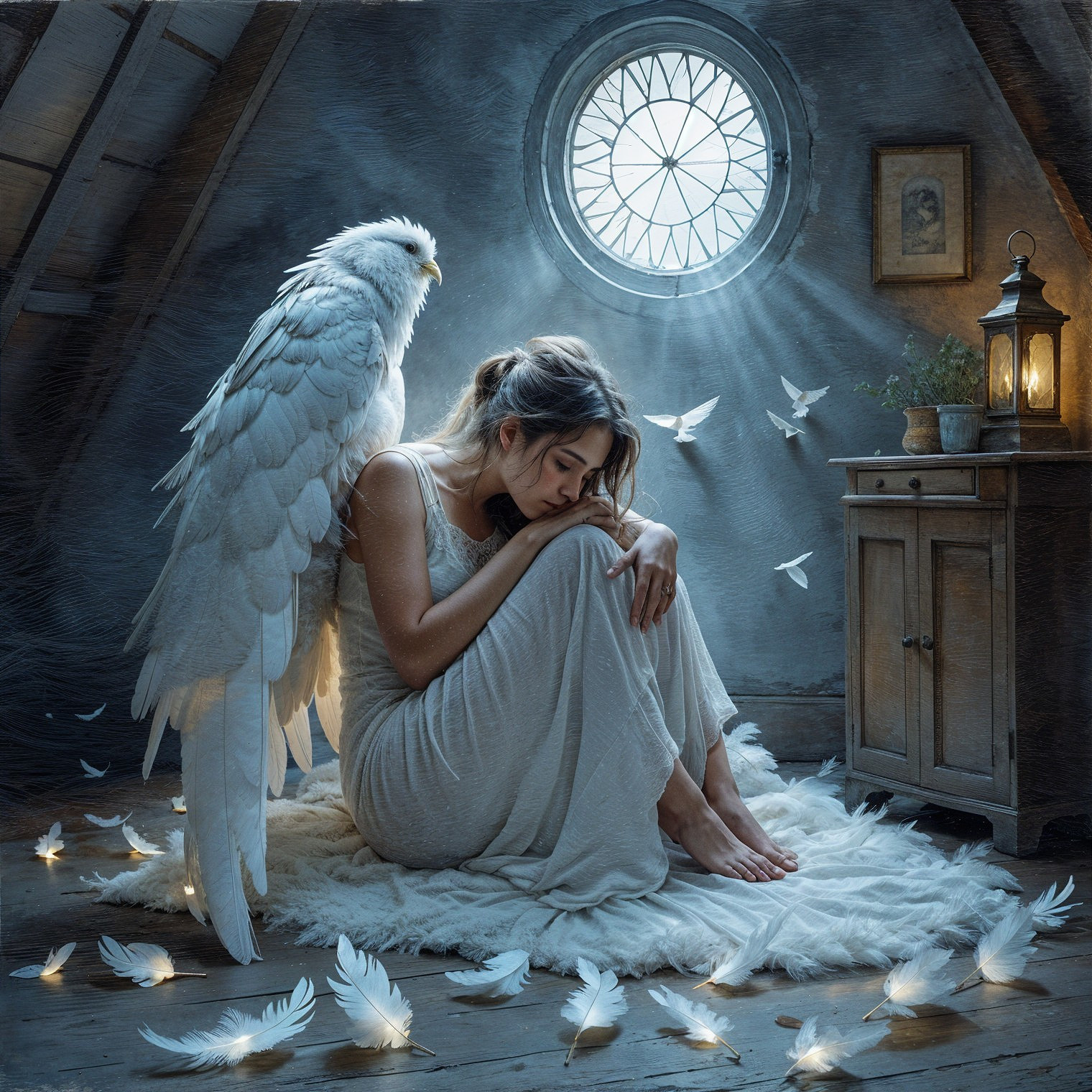 Young Woman in White Dress with Owl in Attic Setting